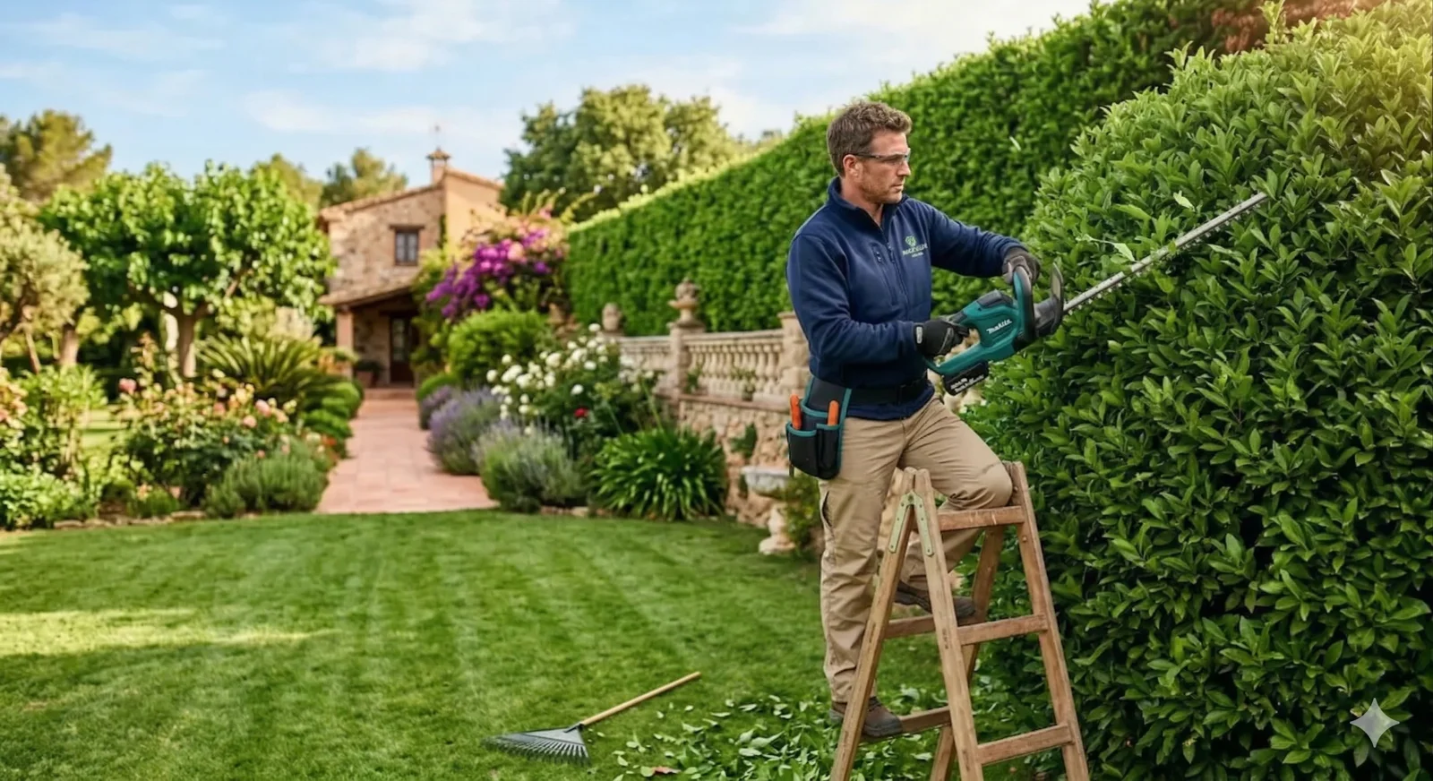 Equipo de mantenimiento de jardines realizando tareas de cuidado y limpieza