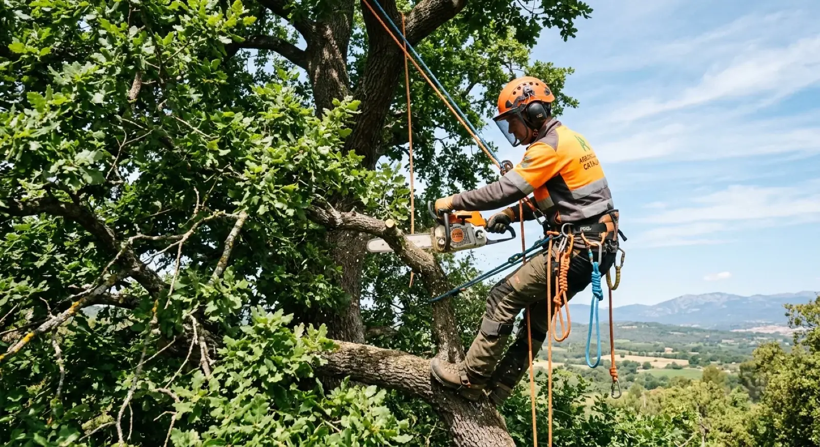 Técnico realizando poda en altura de árbol con equipo de seguridad