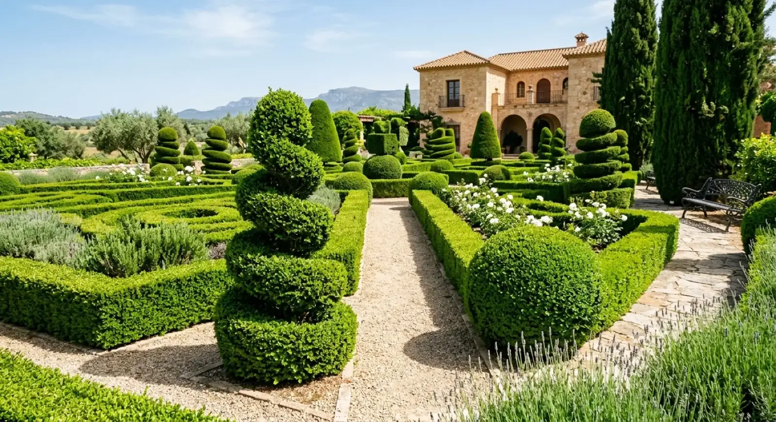 Poda ornamental y topiaria de setos con formas geométricas